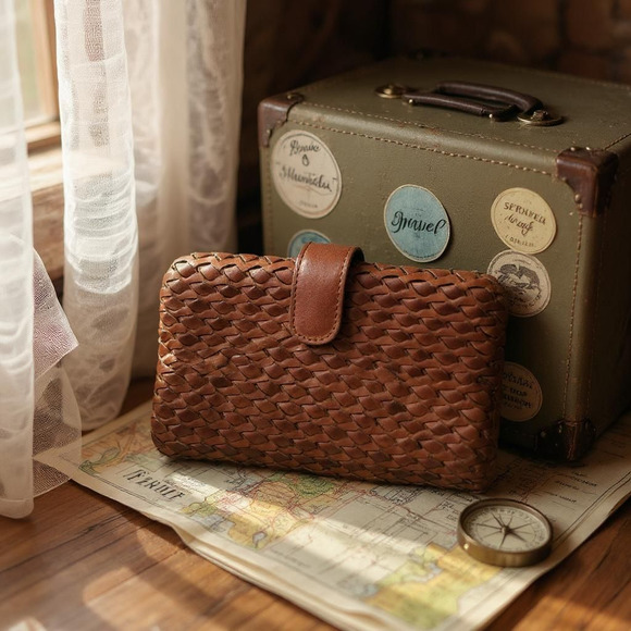 Vilenca Handbags - Vilenca Holland Wallet Brown Cognac Leather Woven Soft Slots Basketweave Bifold